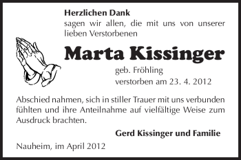 Traueranzeige von Marta Kissinger von Rüsselsheimer Echo, Groß-Gerauer-Echo, Ried Echo