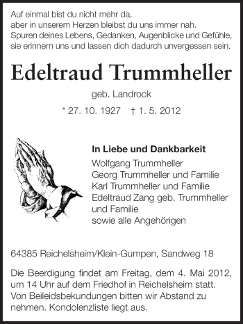 Traueranzeige von Edeltraud Trummheller von Odenwälder Echo