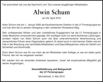 Traueranzeige von Alwin Schum von Odenwälder Echo