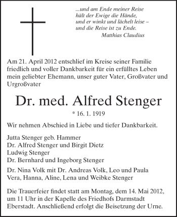 Traueranzeige von Alfred Stenger von Echo-Zeitungen (Gesamtausgabe)