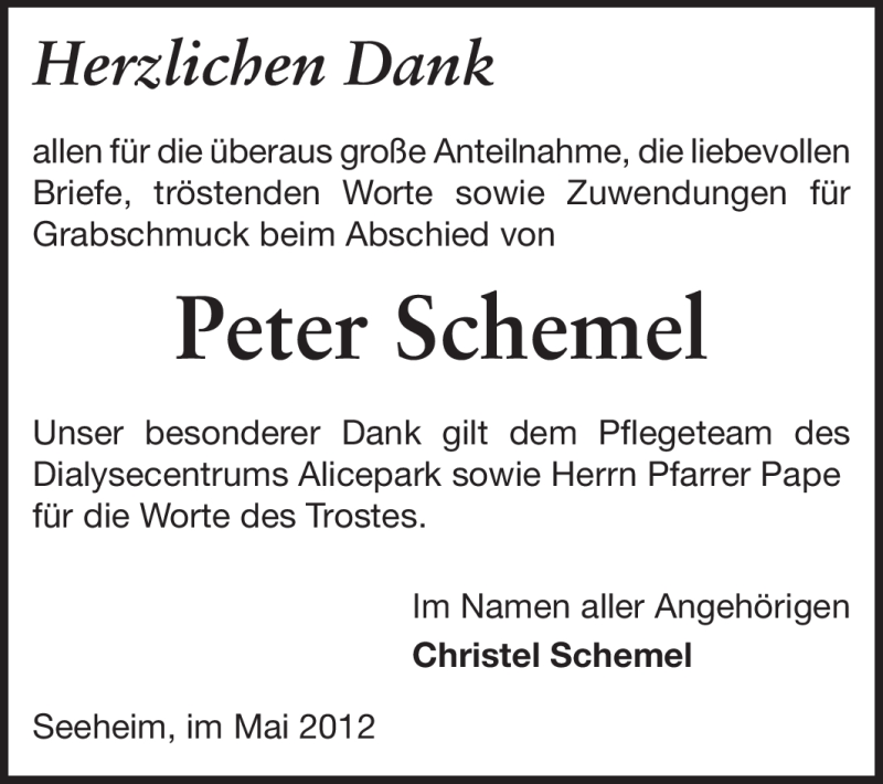  Traueranzeige für Peter Schemel vom 05.05.2012 aus Echo-Zeitungen (Gesamtausgabe)