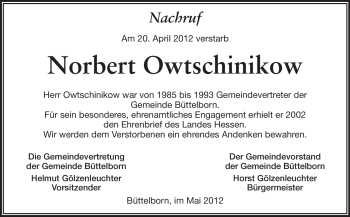 Traueranzeige von Norbert Owtschinikow von Rüsselsheimer Echo, Groß-Gerauer-Echo, Ried Echo