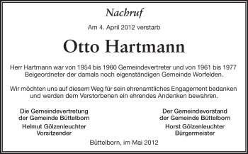 Traueranzeige von Otto Hartmann von Rüsselsheimer Echo, Groß-Gerauer-Echo, Ried Echo