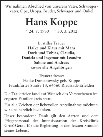 Traueranzeige von Hans Koppe von Rüsselsheimer Echo, Groß-Gerauer-Echo, Ried Echo