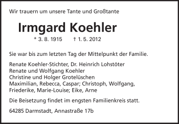 Traueranzeige von Irmgard Koehler von Echo-Zeitungen (Gesamtausgabe)
