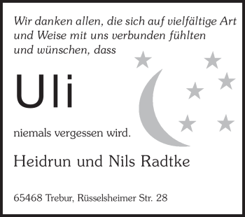 Traueranzeige von Uli Radtke von Rüsselsheimer Echo, Groß-Gerauer-Echo, Ried Echo