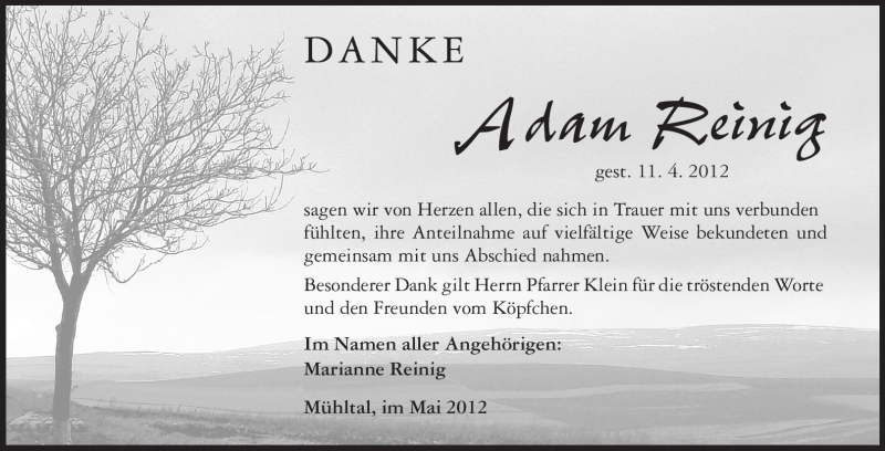  Traueranzeige für Adam Reinig vom 05.05.2012 aus Darmstädter Echo, Odenwälder Echo, Rüsselsheimer Echo, Groß-Gerauer-Echo, Ried Echo