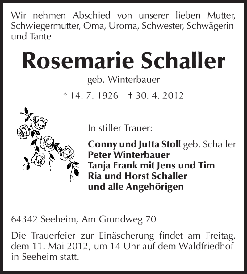  Traueranzeige für Rosemarie Schaller vom 05.05.2012 aus Echo-Zeitungen (Gesamtausgabe)