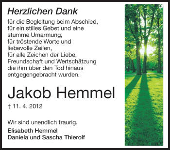 Traueranzeige von Jakob Hemmel von Echo-Zeitungen (Gesamtausgabe)