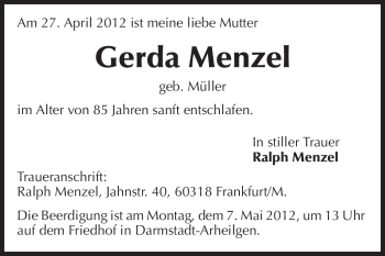 Traueranzeige von Gerda Menzel von Echo-Zeitungen (Gesamtausgabe)