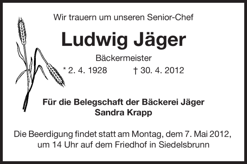  Traueranzeige für Ludwig Jäger vom 05.05.2012 aus Starkenburger Echo