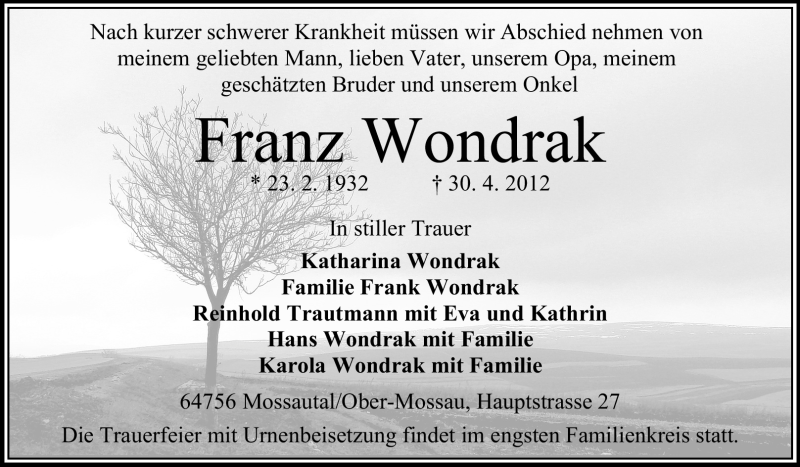  Traueranzeige für Franz Wondrak vom 04.05.2012 aus Odenwälder Echo