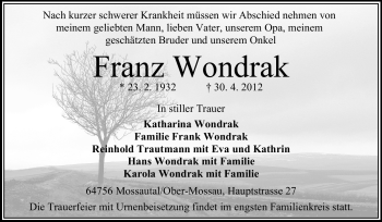 Traueranzeige von Franz Wondrak von Odenwälder Echo