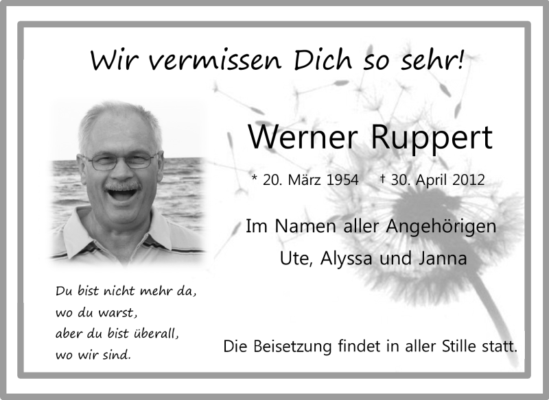  Traueranzeige für Werner Ruppert vom 04.05.2012 aus Odenwälder Echo