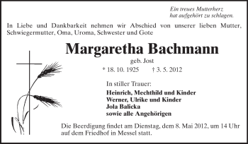 Traueranzeige von Margaretha Bachmann von Echo-Zeitungen (Gesamtausgabe)