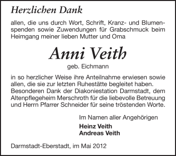 Traueranzeige von Anni Veith von Echo-Zeitungen (Gesamtausgabe)