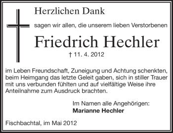 Traueranzeige von Friedrich Hechler von Echo-Zeitungen (Gesamtausgabe)