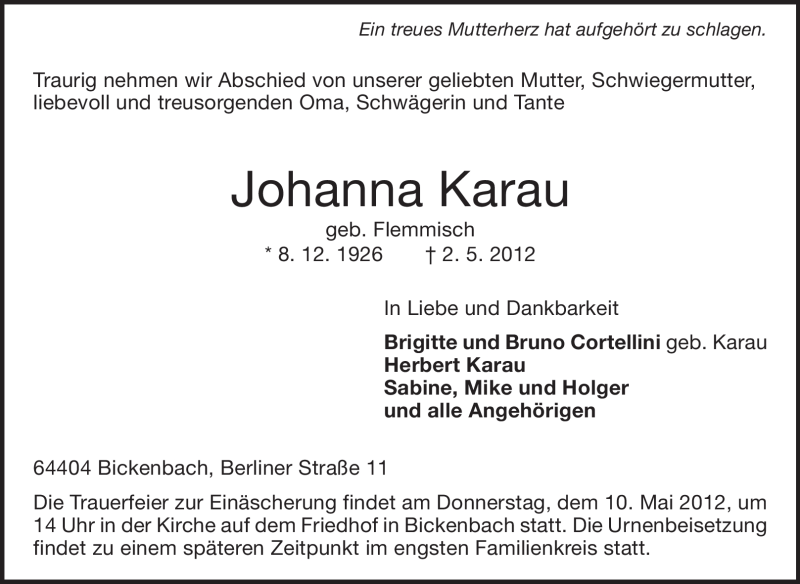  Traueranzeige für Johanna Karau vom 05.05.2012 aus Echo-Zeitungen (Gesamtausgabe)