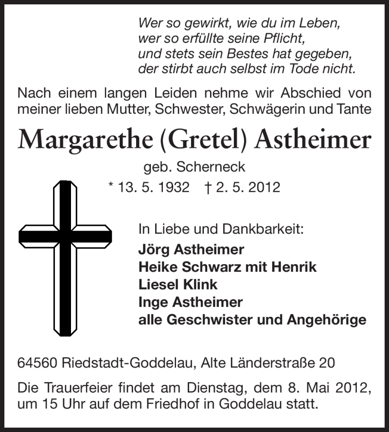  Traueranzeige für Margarethe Astheimer vom 05.05.2012 aus Rüsselsheimer Echo, Groß-Gerauer-Echo, Ried Echo