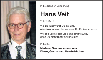 Traueranzeige von Hans Veit von Rüsselsheimer Echo, Groß-Gerauer-Echo, Ried Echo