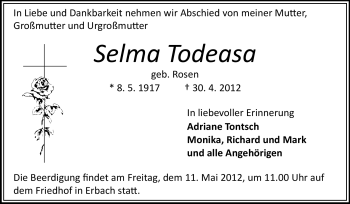 Traueranzeige von Selma Todeasa von Odenwälder Echo