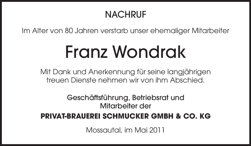  Traueranzeige für Franz Wondrak vom 05.05.2012 aus Odenwälder Echo