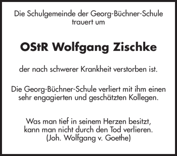 Traueranzeige von Wolfgang Zischke von Echo-Zeitungen (Gesamtausgabe)