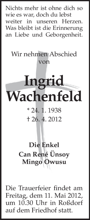 Traueranzeige von Ingrid Wachenfeld von Darmstädter Echo, Odenwälder Echo, Rüsselsheimer Echo, Groß-Gerauer-Echo, Ried Echo