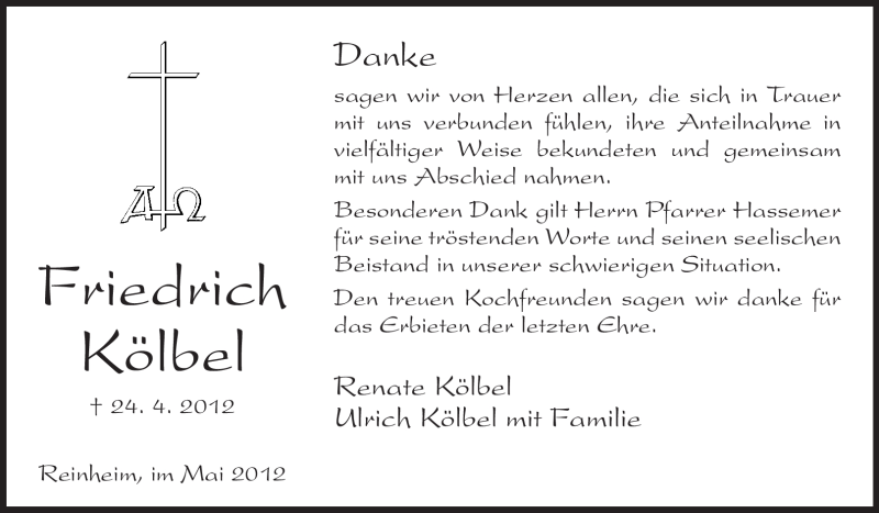  Traueranzeige für Friedrich Kölbel vom 19.05.2012 aus Darmstädter Echo, Odenwälder Echo, Rüsselsheimer Echo, Groß-Gerauer-Echo, Ried Echo