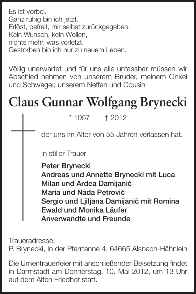  Traueranzeige für Claus Gunnar Wolfgang Brynecki vom 08.05.2012 aus Echo-Zeitungen (Gesamtausgabe)