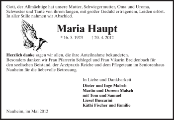 Traueranzeige von Maria Haupt von Rüsselsheimer Echo, Groß-Gerauer-Echo, Ried Echo