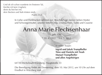 Traueranzeige von Anna Marie Flechsenhaar von Odenwälder Echo