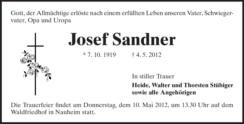  Traueranzeige für Josef Sander vom 09.05.2012 aus Rüsselsheimer Echo, Groß-Gerauer-Echo, Ried Echo