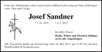 Traueranzeige von Josef Sander von Rüsselsheimer Echo, Groß-Gerauer-Echo, Ried Echo