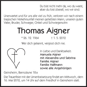 Traueranzeige von Thomas Aigner von Rüsselsheimer Echo, Groß-Gerauer-Echo, Ried Echo