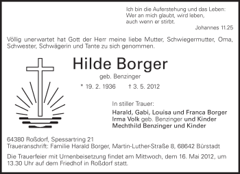 Traueranzeige von Hilde Borger von Echo-Zeitungen (Gesamtausgabe)