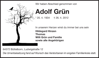 Traueranzeige von Adolf Grün von Echo-Zeitungen (Gesamtausgabe)