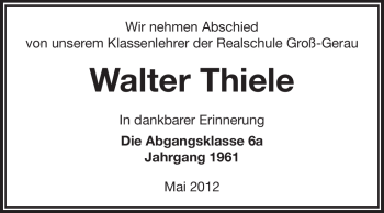 Traueranzeige von Walter Thiele von Rüsselsheimer Echo, Groß-Gerauer-Echo, Ried Echo