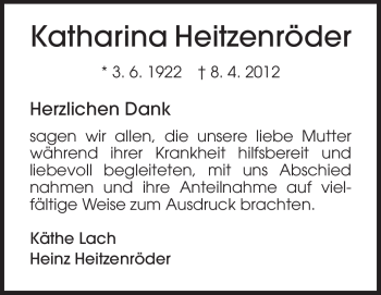 Traueranzeige von Katharina Heitzenröder von Echo-Zeitungen (Gesamtausgabe)