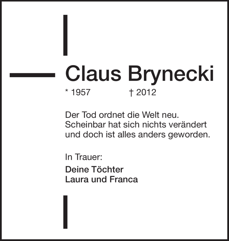  Traueranzeige für Claus Gunnar Wolfgang Brynecki vom 12.05.2012 aus Echo-Zeitungen (Gesamtausgabe)