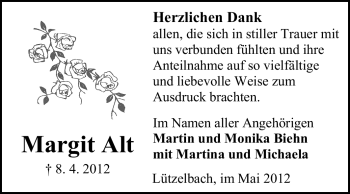 Traueranzeige von Margit Alt von Odenwälder Echo