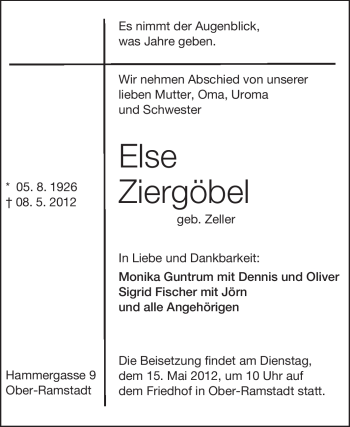 Traueranzeige von Else Ziergöbel von Darmstädter Echo, Odenwälder Echo, Rüsselsheimer Echo, Groß-Gerauer-Echo, Ried Echo