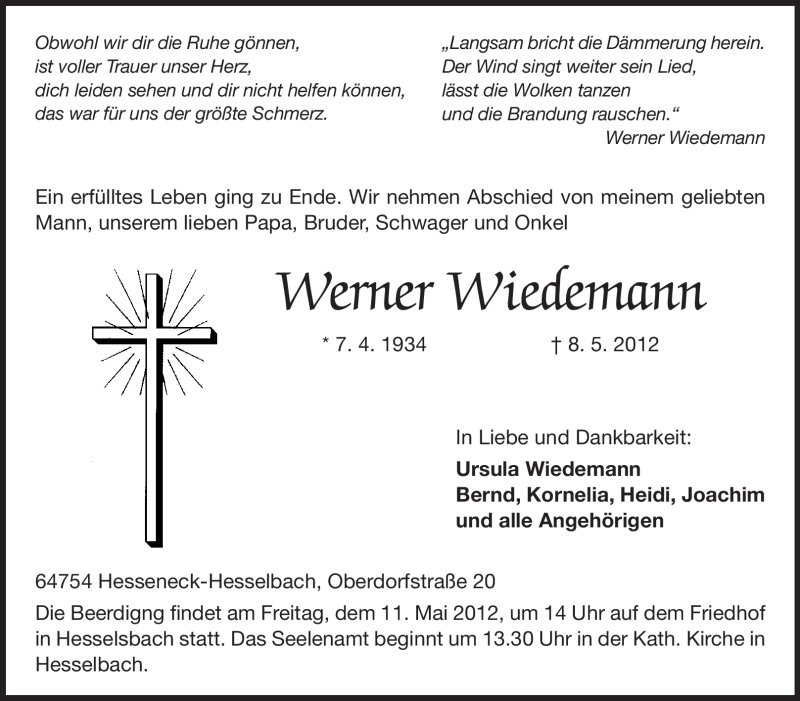  Traueranzeige für Werner Wiedemann vom 11.05.2012 aus Odenwälder Echo
