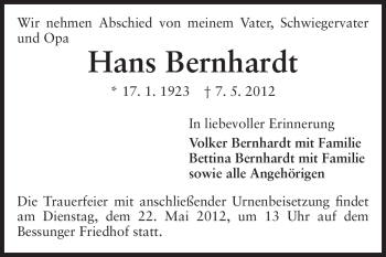 Traueranzeige von Hans Bernhardt von Echo-Zeitungen (Gesamtausgabe)