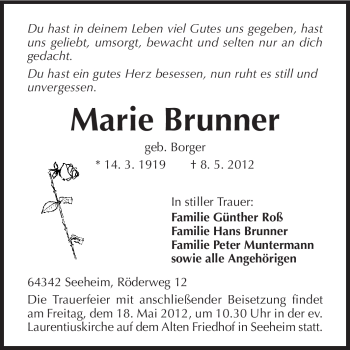 Traueranzeige von Marie Brunner von Echo-Zeitungen (Gesamtausgabe)