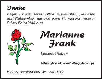 Traueranzeige von Marianne Frank von Odenwälder Echo