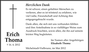 Traueranzeige von Erich Thoma von Odenwälder Echo