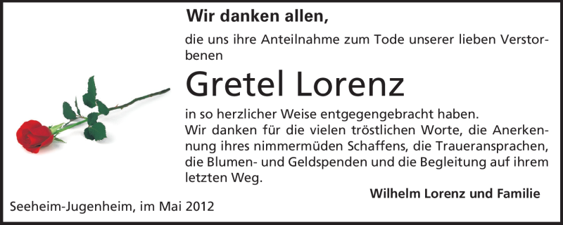  Traueranzeige für Gretel Lorenz vom 12.05.2012 aus Echo-Zeitungen (Gesamtausgabe)