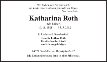 Traueranzeige von Katharina Roth von Rüsselsheimer Echo, Groß-Gerauer-Echo, Ried Echo