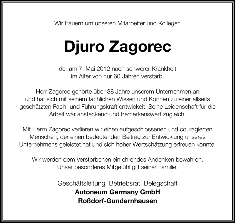 Traueranzeige für Djuro Zagorec vom 16.05.2012 aus Echo-Zeitungen (Gesamtausgabe)